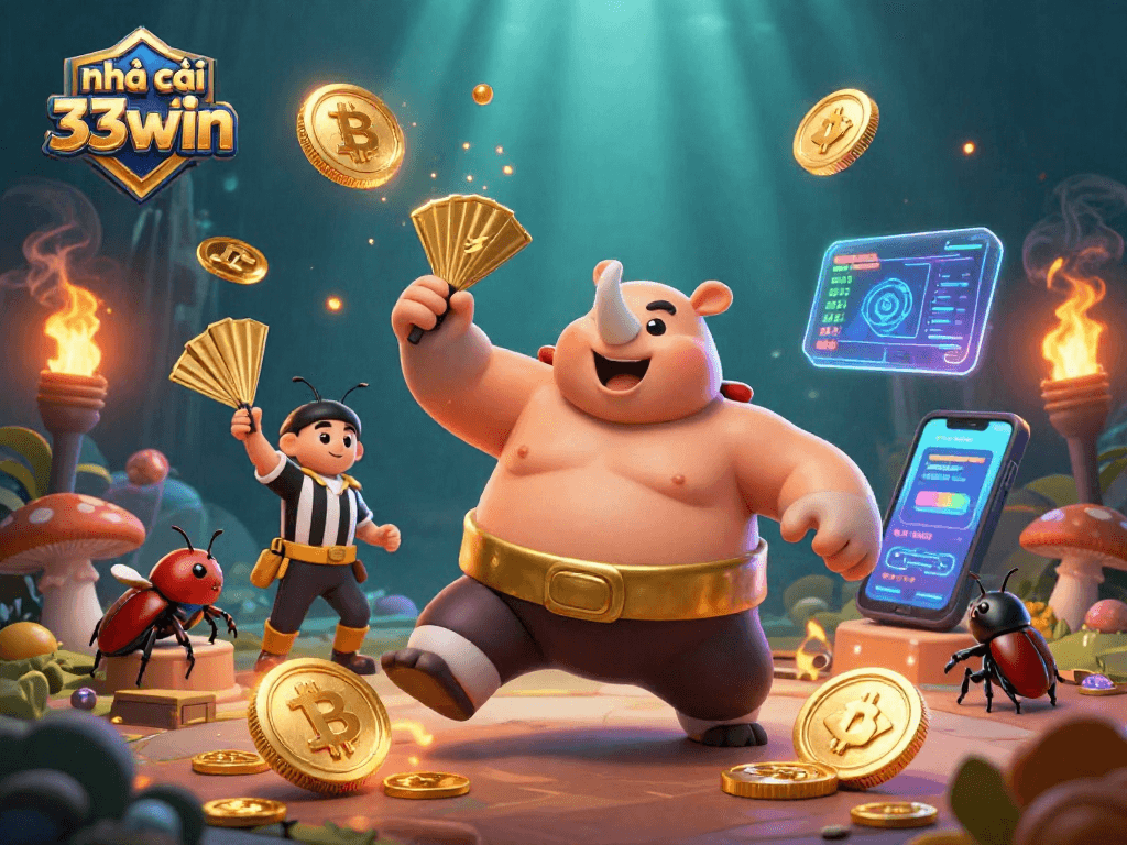 Engage with nhà cái 33win featuring a cartoon beetle champion amidst flying coins and crypto elements.