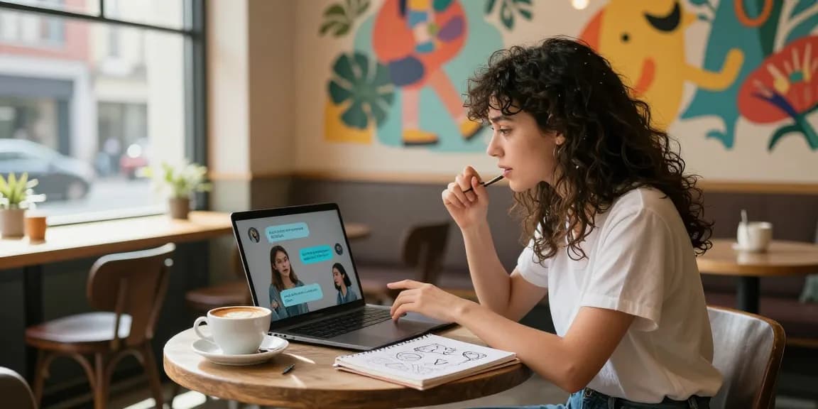 Engaged user interacting with girlfriend AI on laptop in a vibrant café setting.