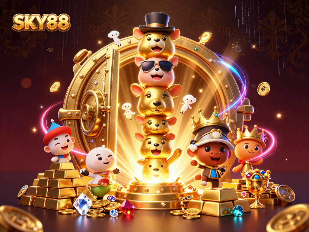 Engage in thrilling casino excitement at SKY88 with a dynamic 3D illustration depicting golden treasures and vibrant gaming elements.