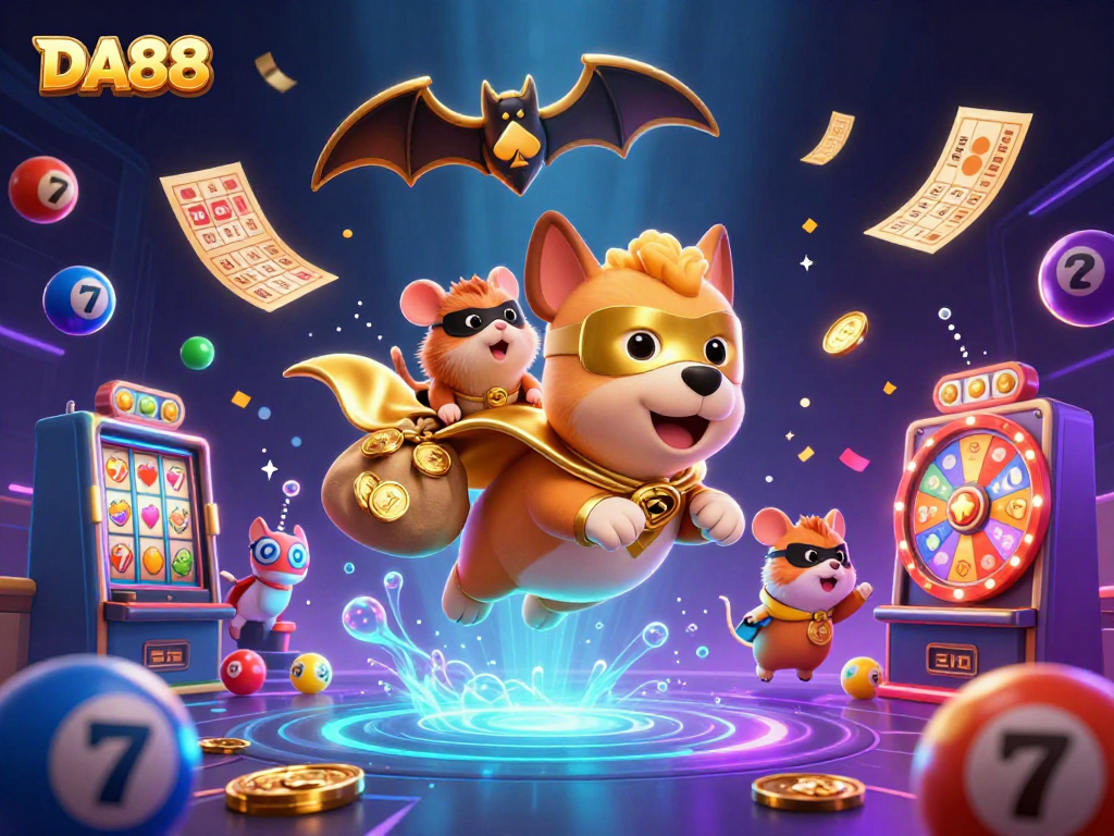 Experience DA88's thrilling adventure with a superhero dog in a dynamic 3D casino setting.