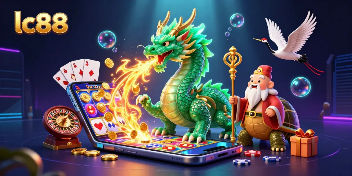 Engage with lc88's thrilling casino experience featuring a dragon, turtle sage, and lucky cranes amidst vibrant slot game elements.