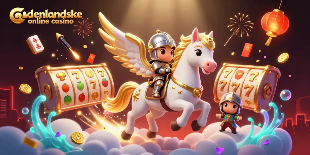 Experience the excitement of udenlandske online casino with a vibrant scene featuring a celestial horse and slot reels.