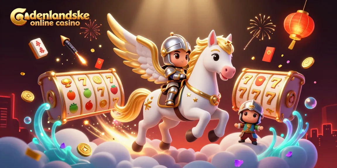 Experience the excitement of udenlandske online casino with a vibrant scene featuring a celestial horse and slot reels.
