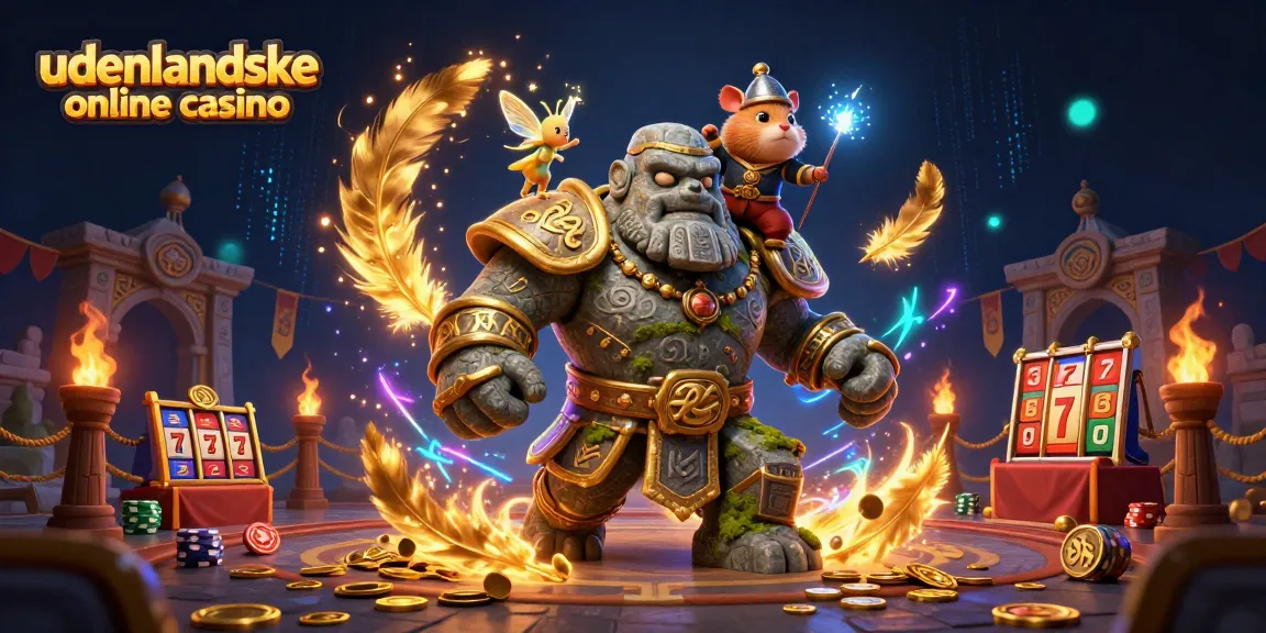 Experience the thrill of udenlandske online casino with a magical scene featuring a stone golem, fairy, and hamster knight.