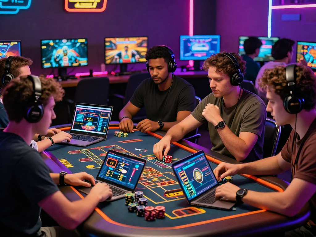 Exciting crypto casino scene with players engaged in virtual games and vibrant neon lights.
