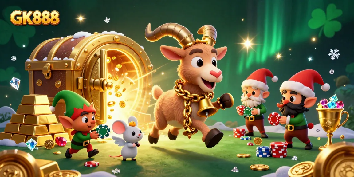 Experience the excitement of GK888 casino gaming with Krampus, an angel mouse, and mischievous elves in a bustling environment.