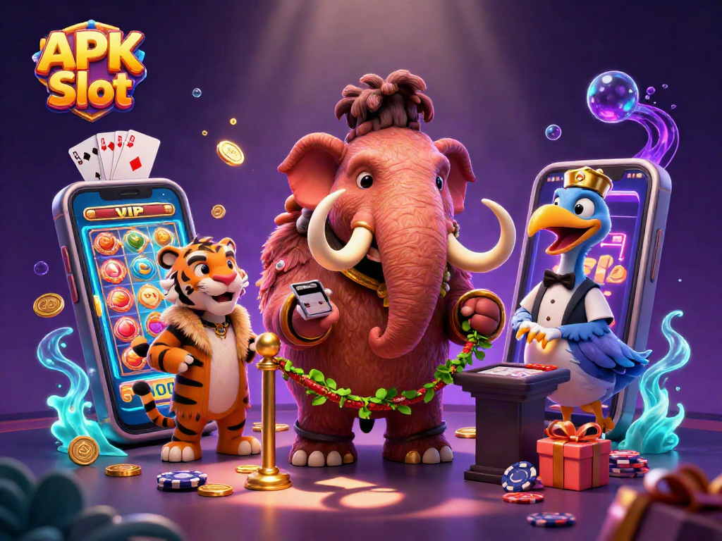 Engage with APK Slot to enjoy thrilling wins with a dodo doorman and saber-tooth tiger at a vibrant casino.