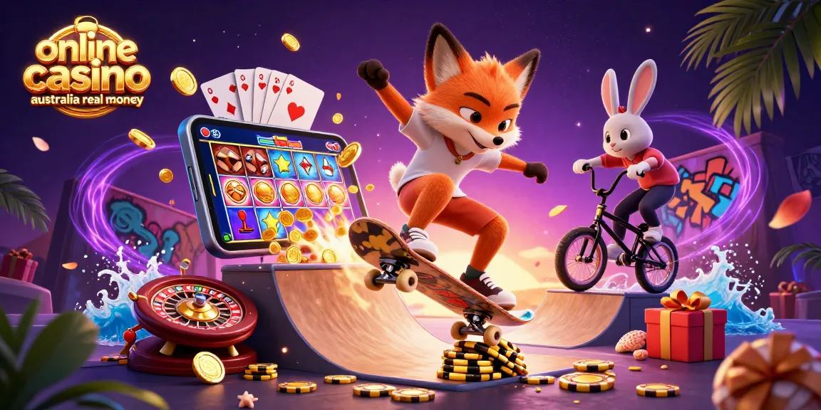 Experience excitement at an online casino Australia real money through vibrant cartoon gaming characters showcasing engaging casino elements.
