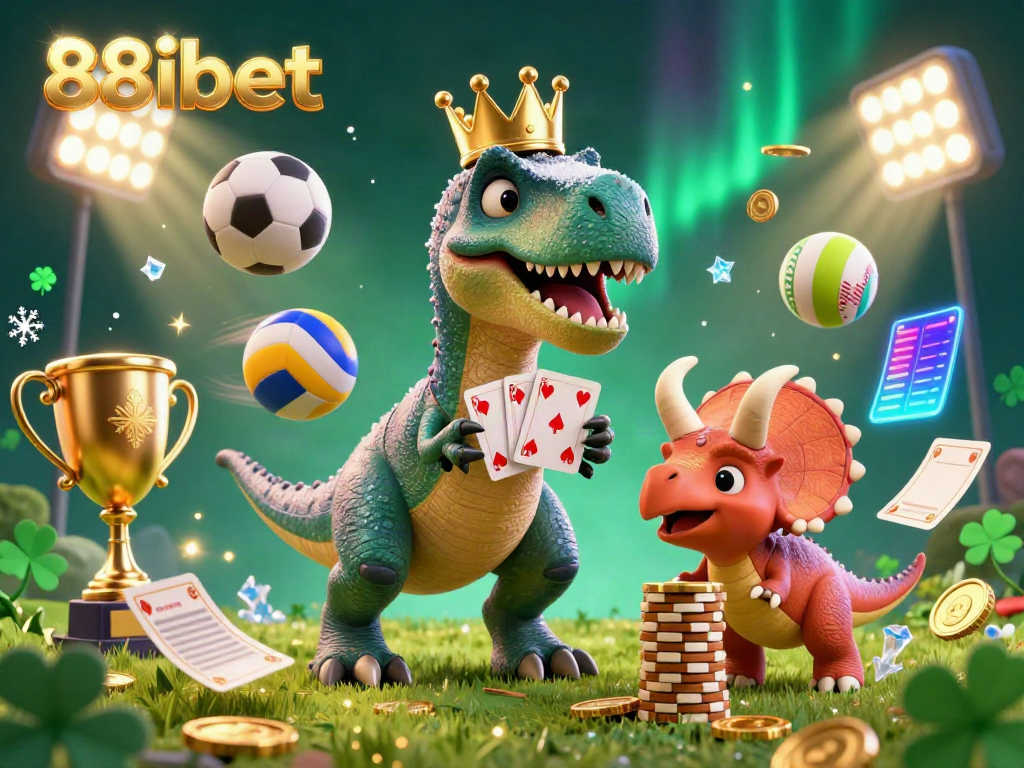 Experience the excitement of 88ibet with a whimsical scene featuring a T-Rex and friends playing cards surrounded by sports elements.