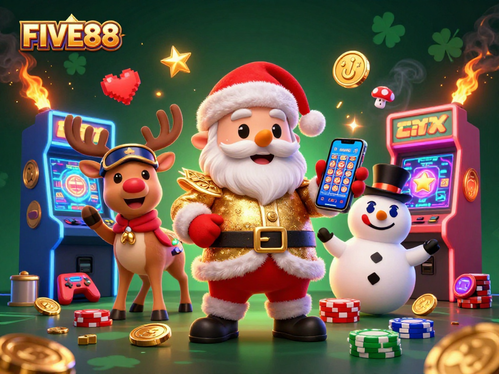 Experience excitement at FIVE88 Casino with Santa and friends celebrating jackpot winnings.