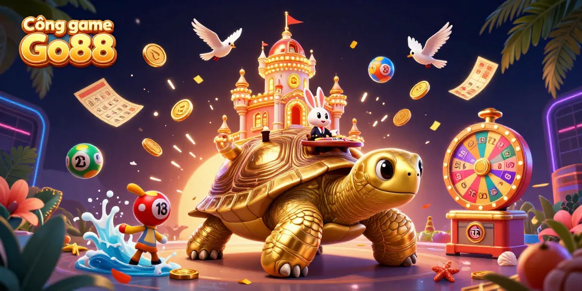 Cổng game Go88 offers exciting gaming opportunities with a vibrant portrayal of a golden tortoise casino, rabbit dealer, and dynamic lottery elements.