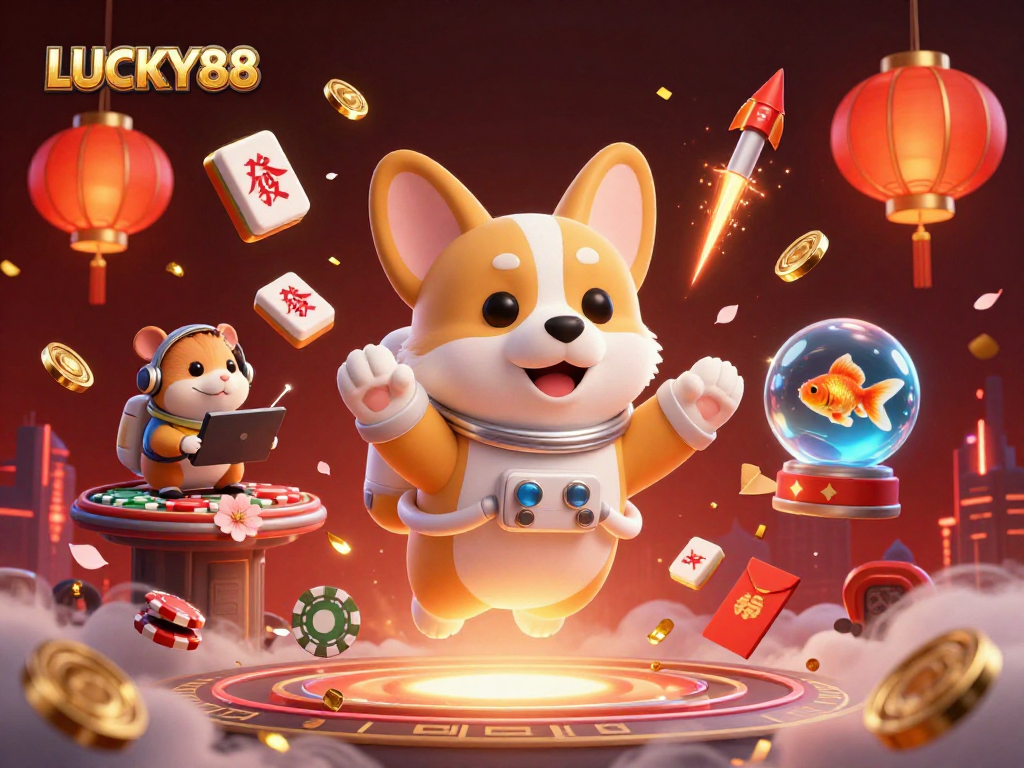 Experience the thrill of LUCKY88 with a floating 3D corgi amidst casino elements.