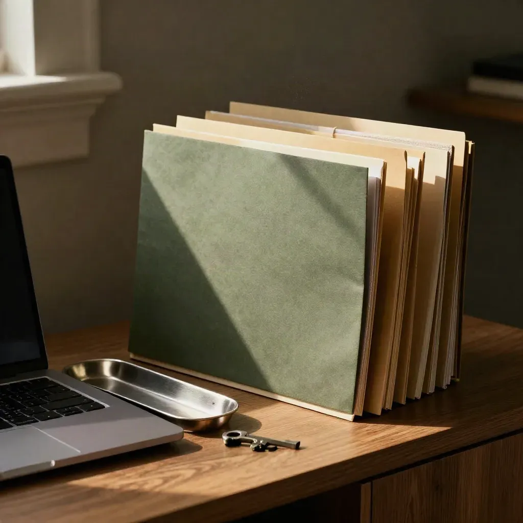 Mörka memo-mappar, arkivbricka och stängd laptop på en credenza i dramatiskt sidoljus.