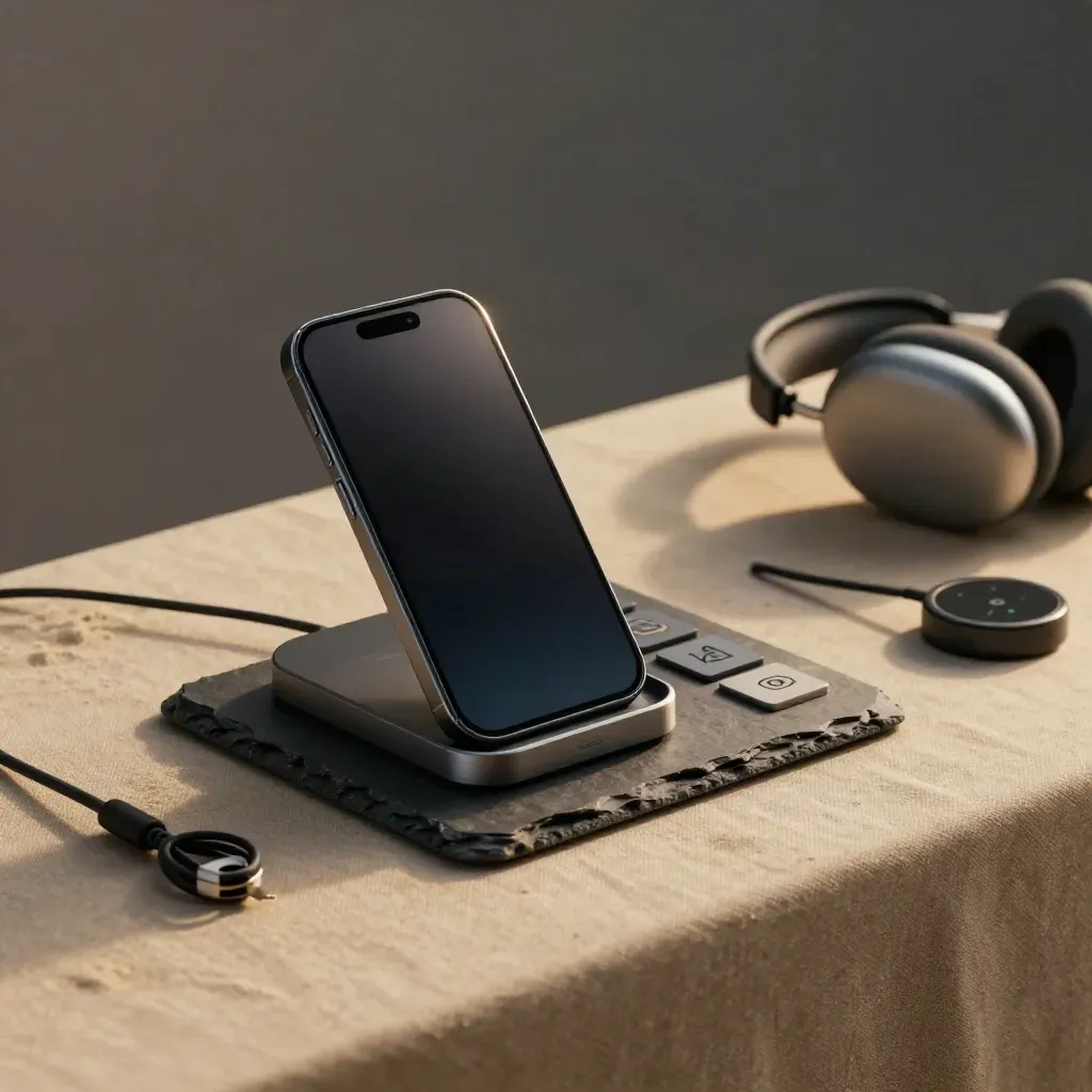 Handhållen terminal i docka med headset och statusblock på sandfärgad yta.