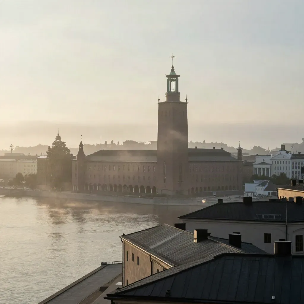Stockholms silhuett i dimmig gryning över lugnt vatten vid Stadshuset.