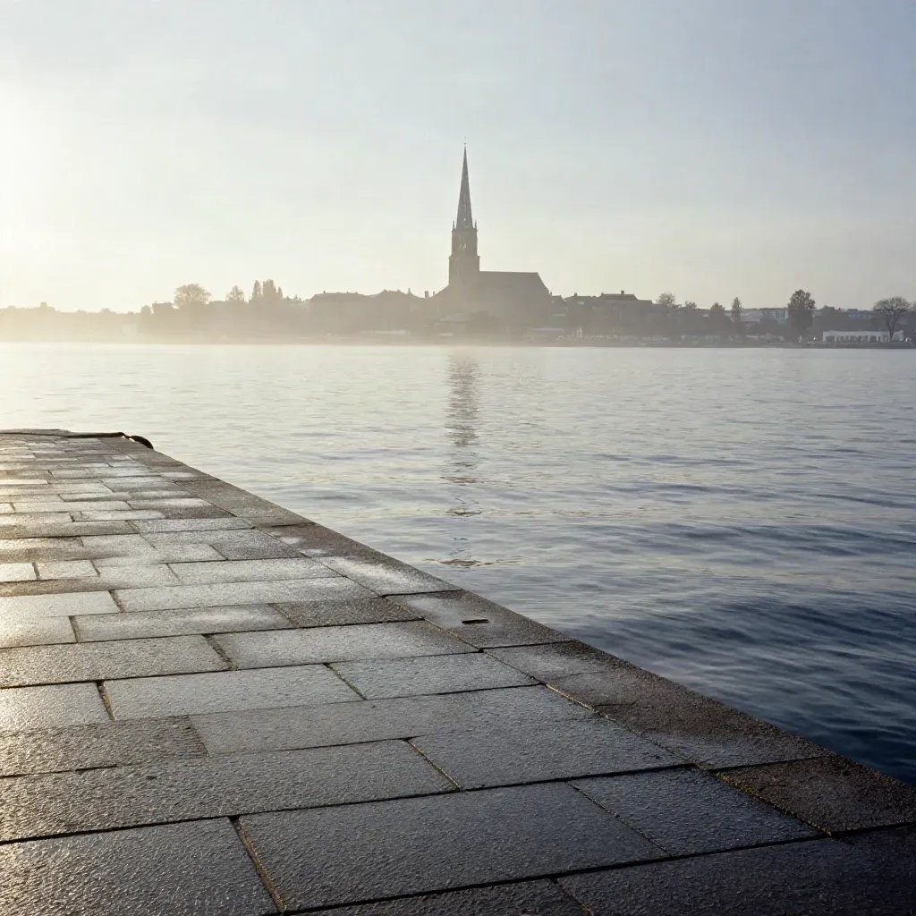 Mälarens silvervatten med stenbrygga och Uppsala domkyrkas spira i dimmigt gryningsljus.