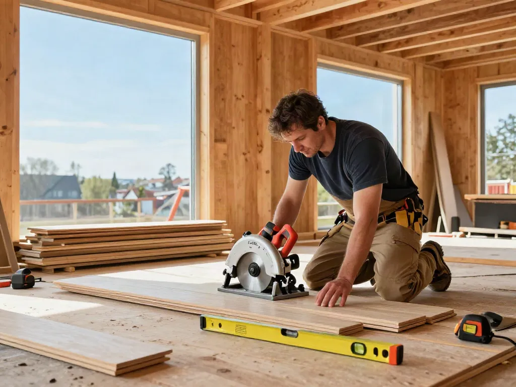 Bygg carpenter working on flooring installation in Bergen with tools and materials.