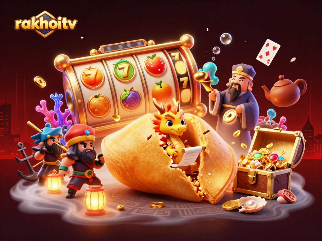 Experience rakhoitv's vibrant casino scene featuring slot reels and animated elements.