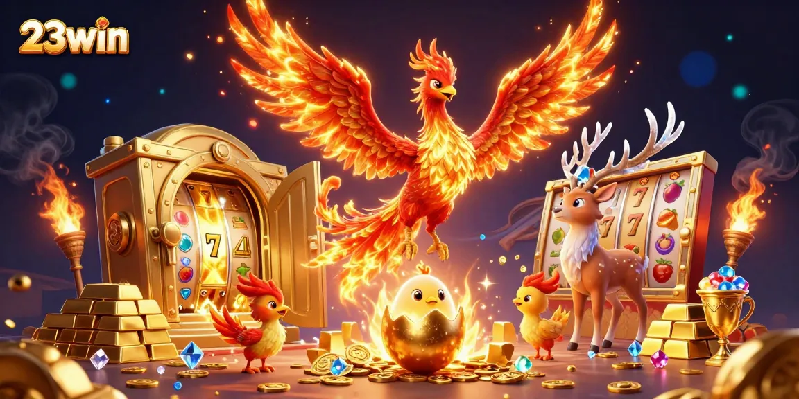 Play exciting slot games with 23win featuring a vibrant phoenix and treasure-filled scene.