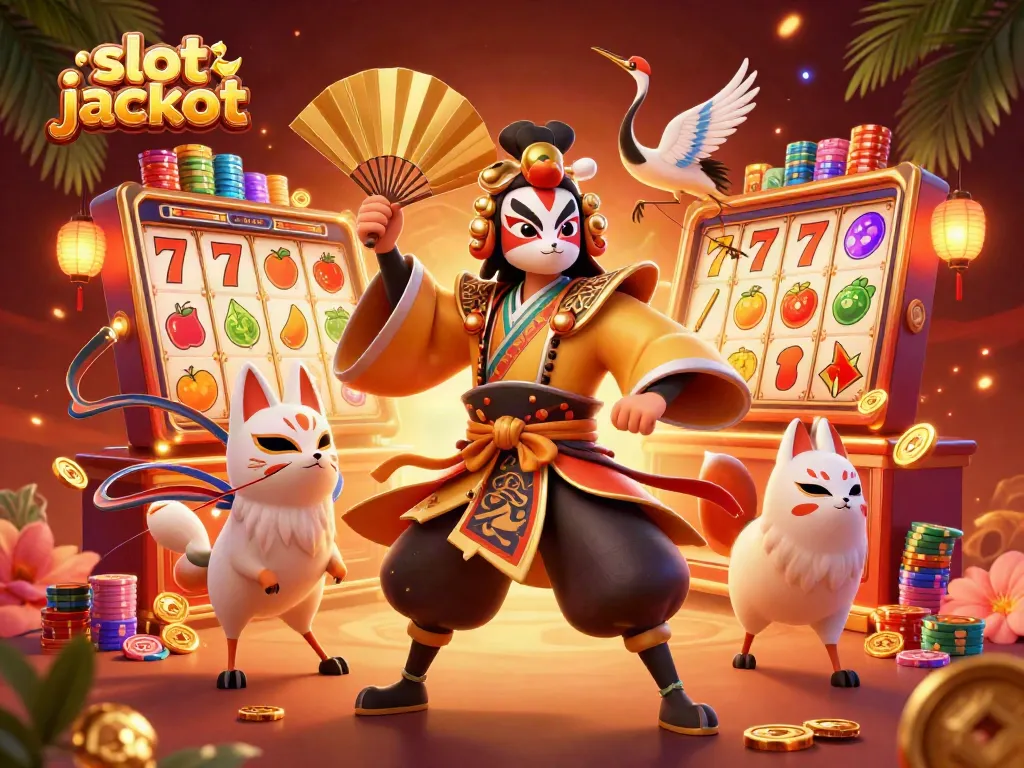 Experience the excitement of slot jackpot with vibrant illustrations of kabuki characters and festive gaming elements.