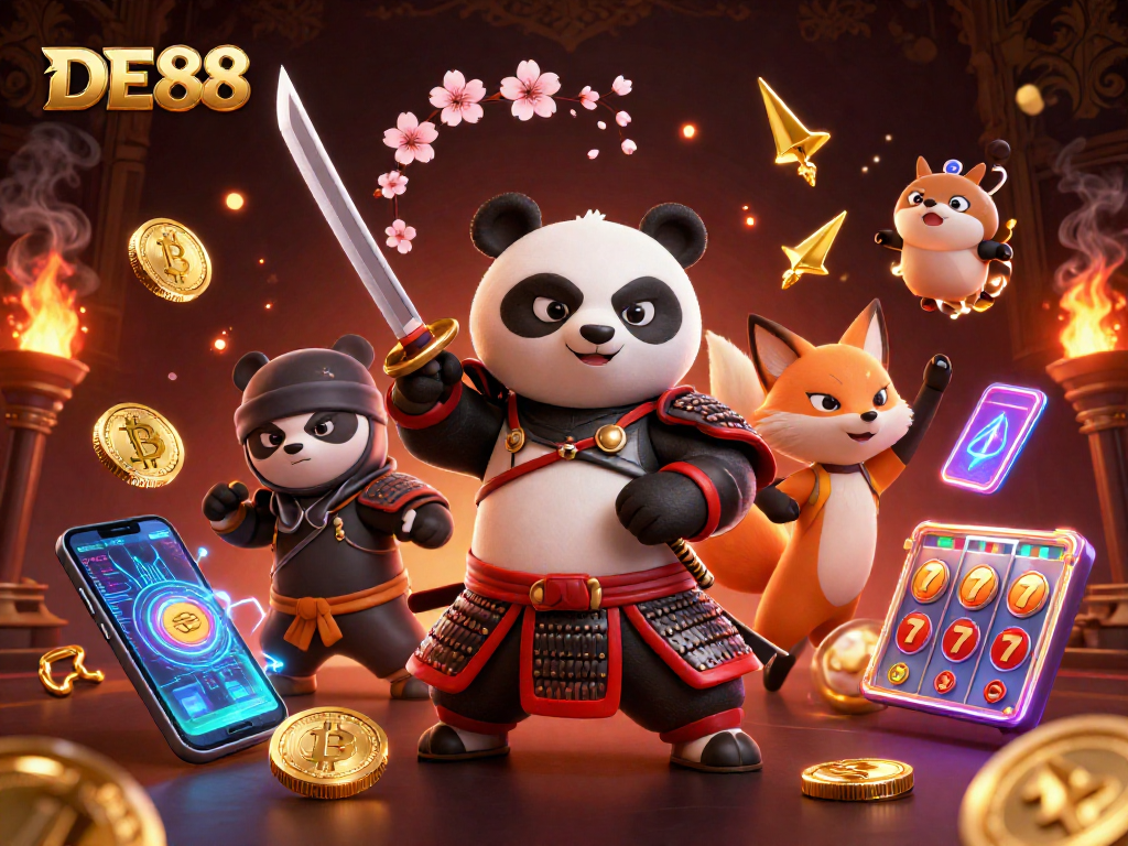 Engage with the thrilling DE88 adventure featuring samurai panda and ninja fox in a vibrant casino scene.