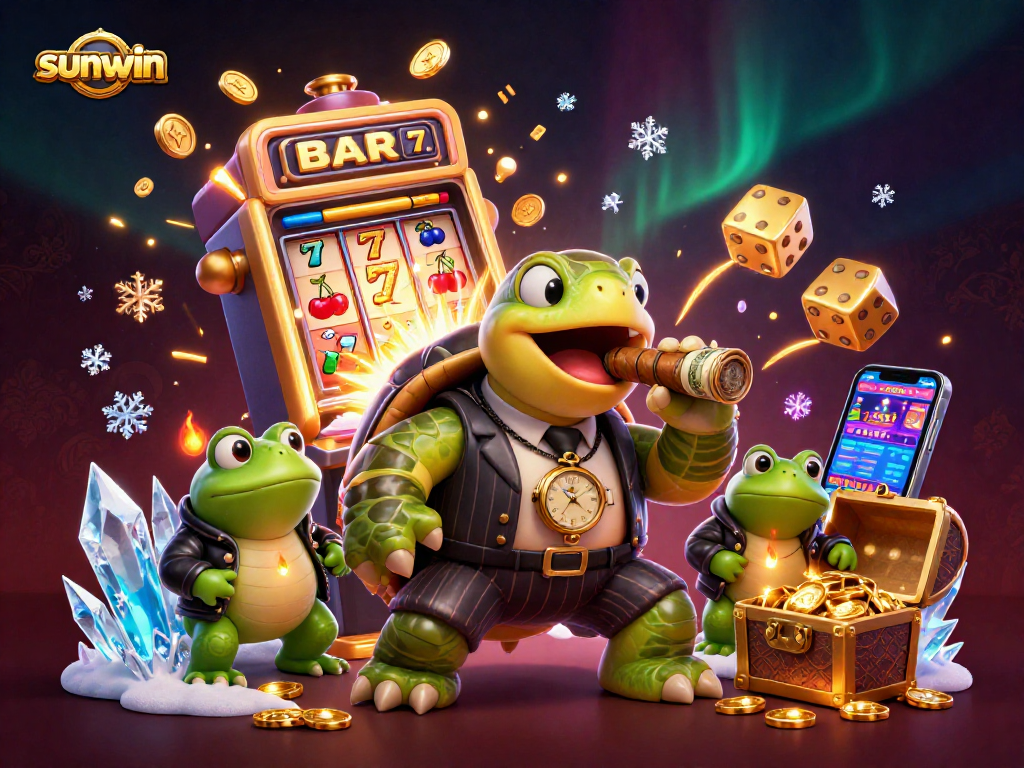 Experience sunwin with a vibrant 3D scene of a snapping turtle in a casino, celebrating big wins.