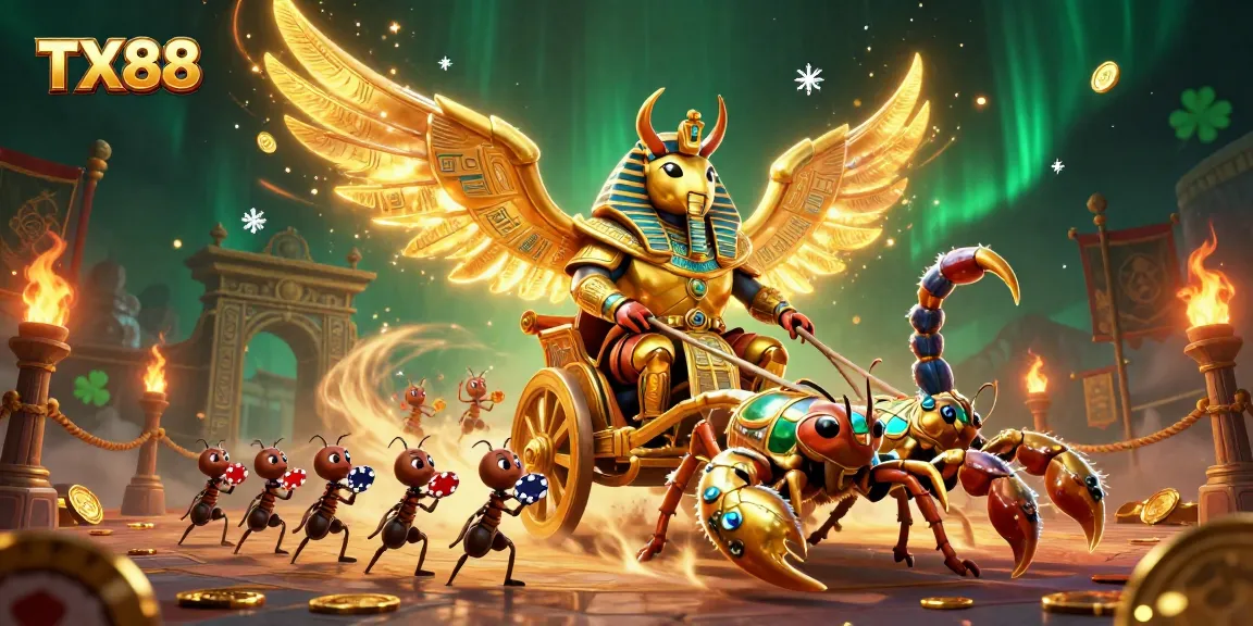 TX88 features a golden scarab beetle chariot with scorpions amidst casino elements and rich textures.