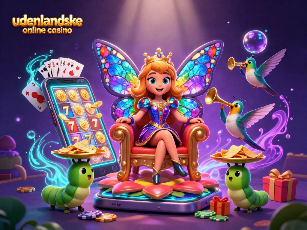 Engage with udenlandske online casino gaming featuring a vibrant 3D scene of a butterfly queen and colorful slot elements.