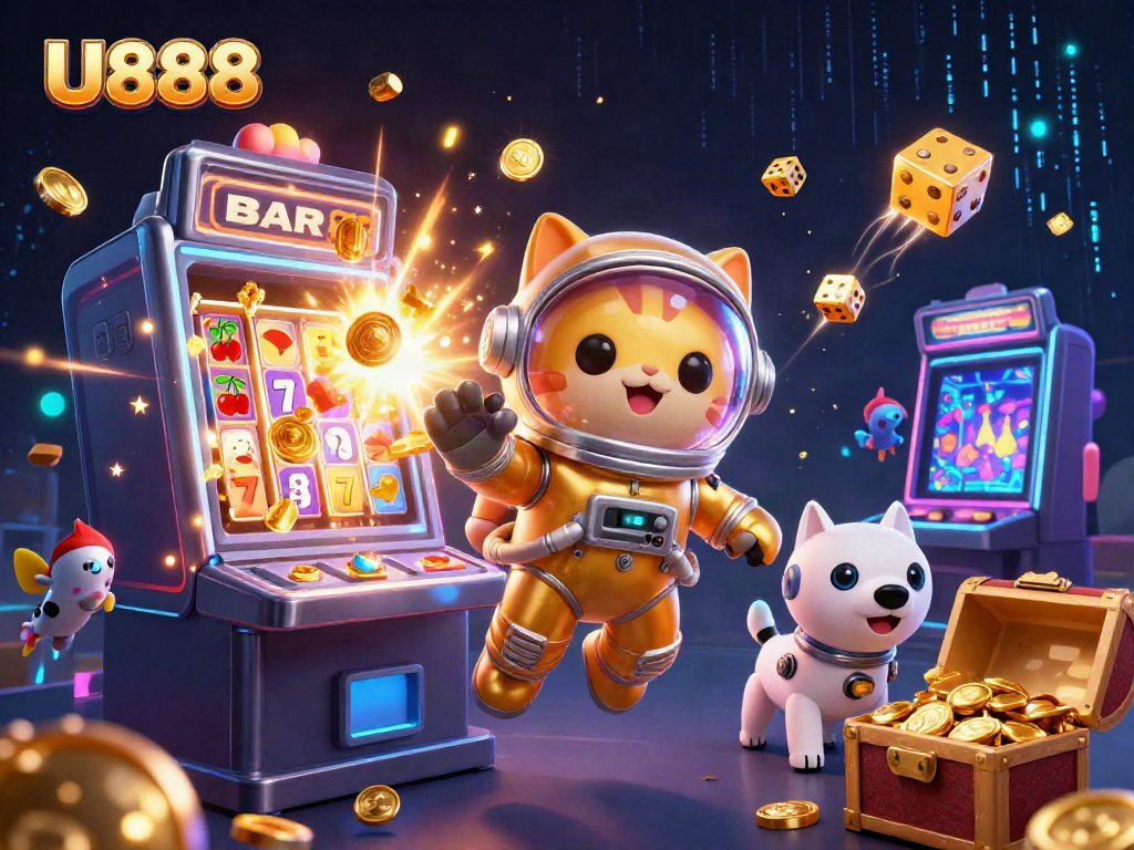 Experience the thrill of online gaming with U888's vibrant 3D space adventure illustration.
