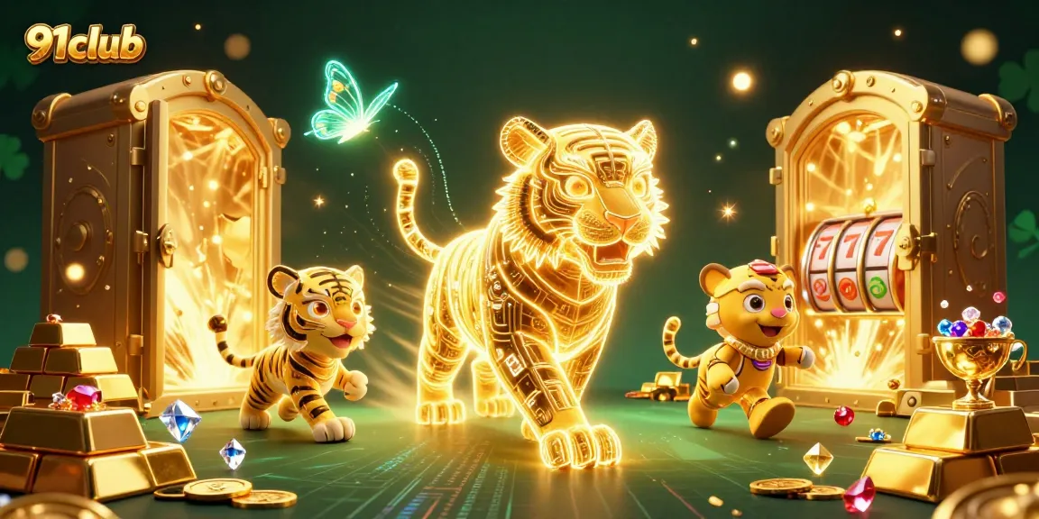 Experience thrilling gaming at 91club with neon tiger in a vibrant digital casino.