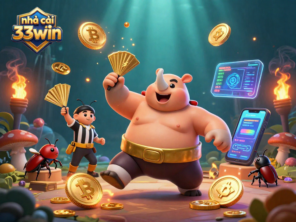 Engage with nhà cái 33win featuring a cartoon beetle champion amidst flying coins and crypto elements.