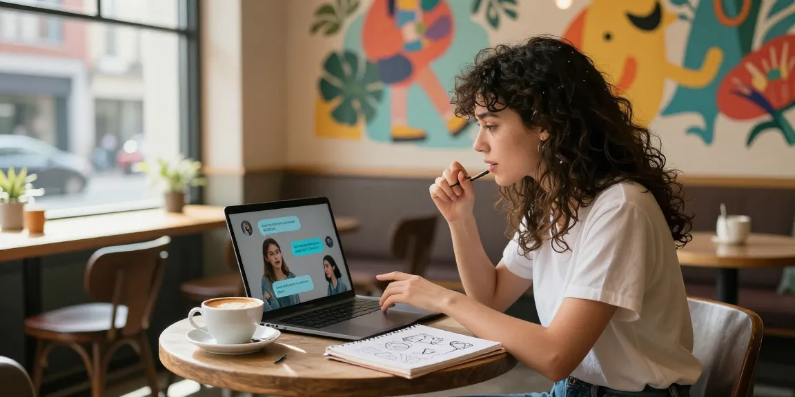 Engaged user interacting with girlfriend AI on laptop in a vibrant café setting.