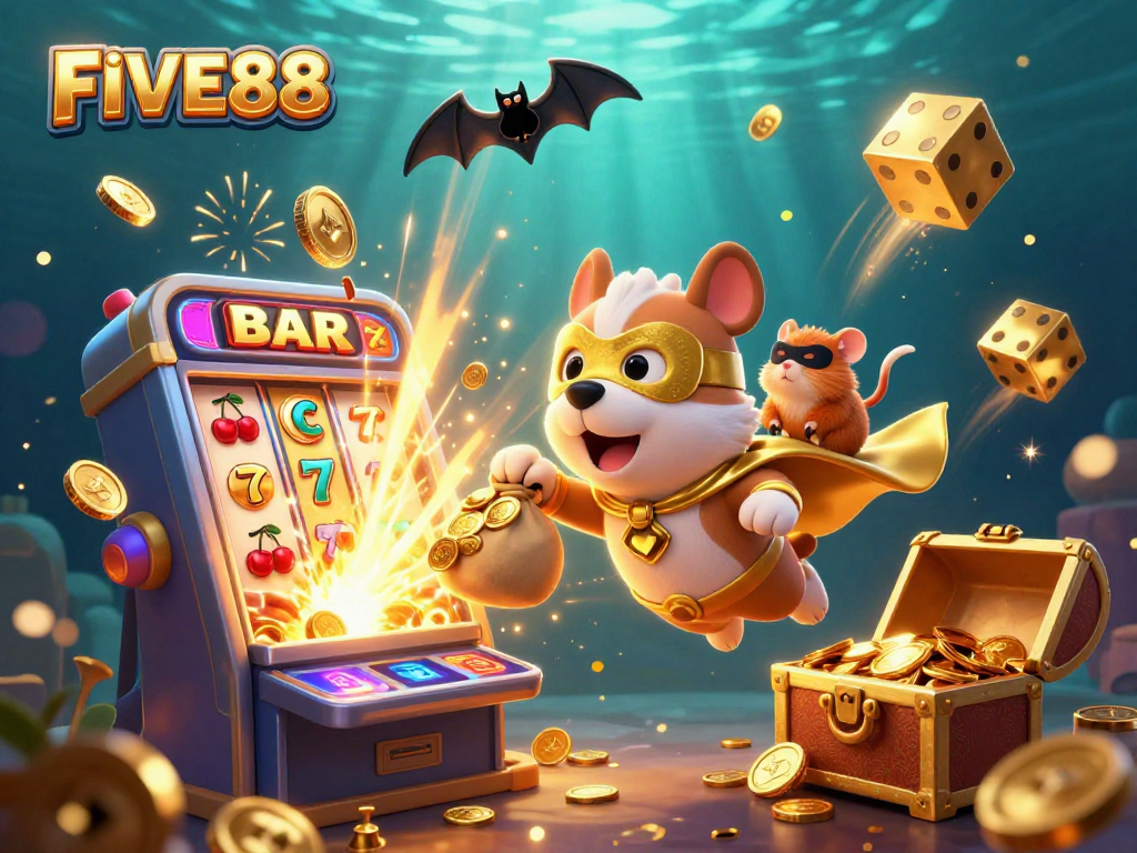 Experience excitement with the FIVE88 superhero dog and hamster amidst a vibrant casino explosion.