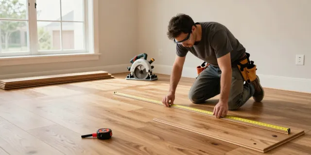 Carpenter installing hardwood flooring in a modern home, showcasing skilled craftsmanship in the building process.