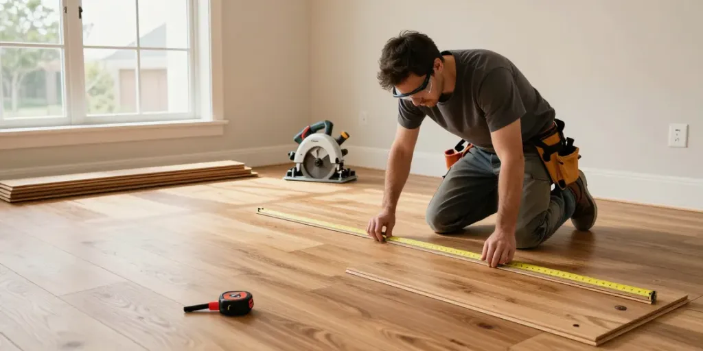 Carpenter installing hardwood flooring in a modern home, showcasing skilled craftsmanship in the building process.