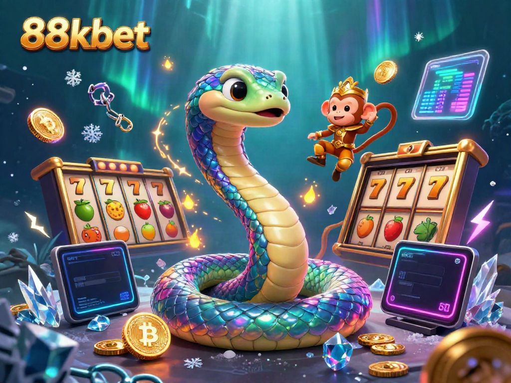 Experience the excitement of 88kbet with vibrant symbols, an iridescent serpent, and animated characters.