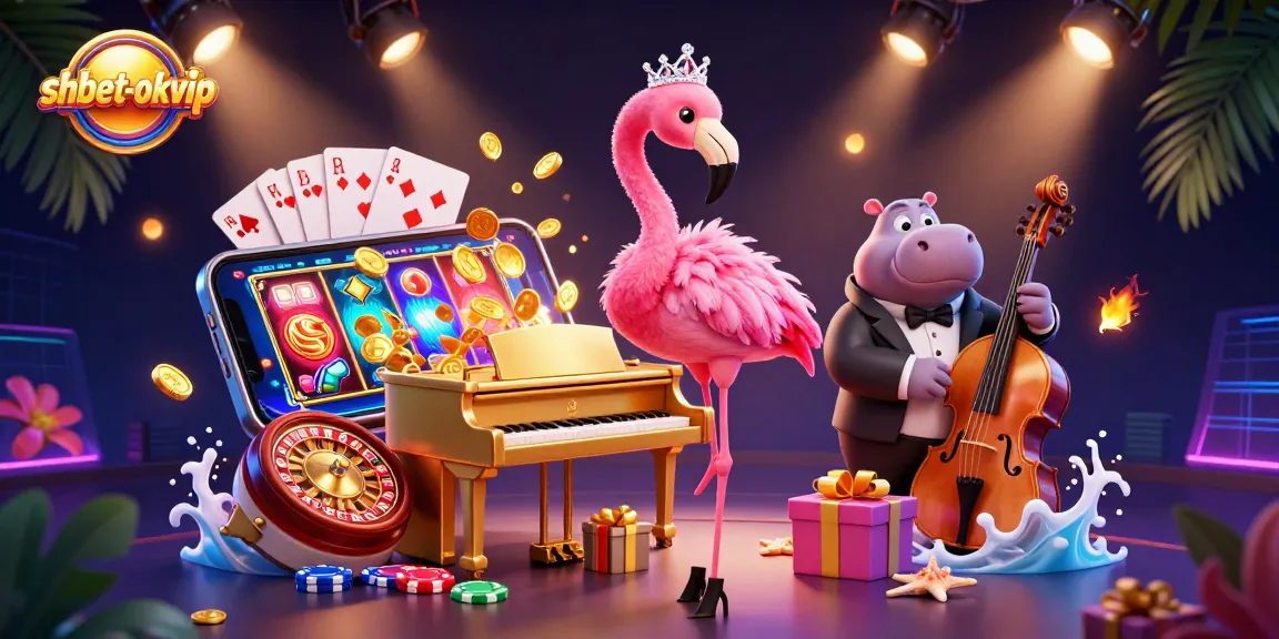Play exciting games at shbet-okvip, featuring lively characters amidst slot machines and casino elements.